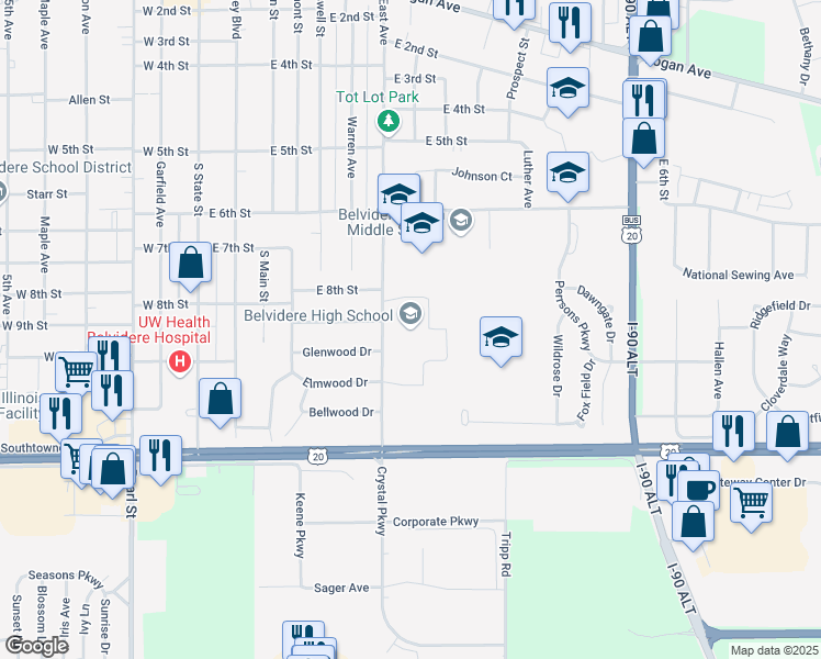 map of restaurants, bars, coffee shops, grocery stores, and more near 1500 East Avenue in Belvidere