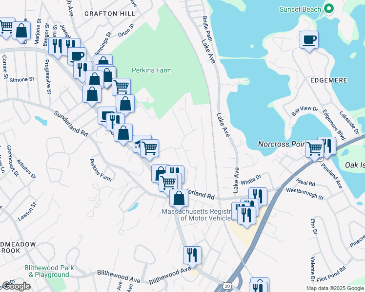 map of restaurants, bars, coffee shops, grocery stores, and more near 30 Pine Hill Rd in Worcester