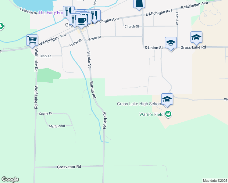 map of restaurants, bars, coffee shops, grocery stores, and more near 675 Pinewood Drive in Grass Lake