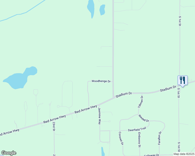 map of restaurants, bars, coffee shops, grocery stores, and more near 22222 Woodhenge Drive in Mattawan