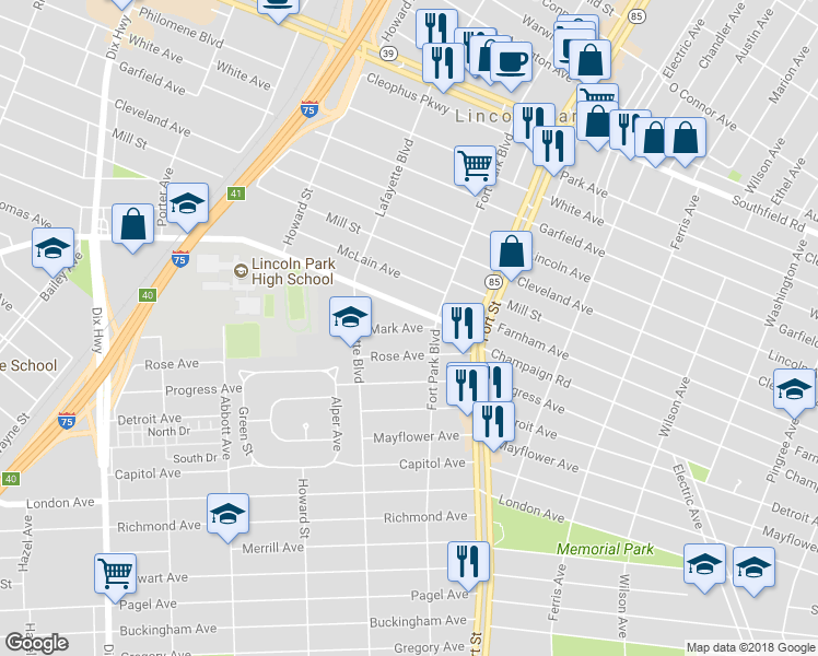 map of restaurants, bars, coffee shops, grocery stores, and more near 1383 Mark Avenue in Lincoln Park