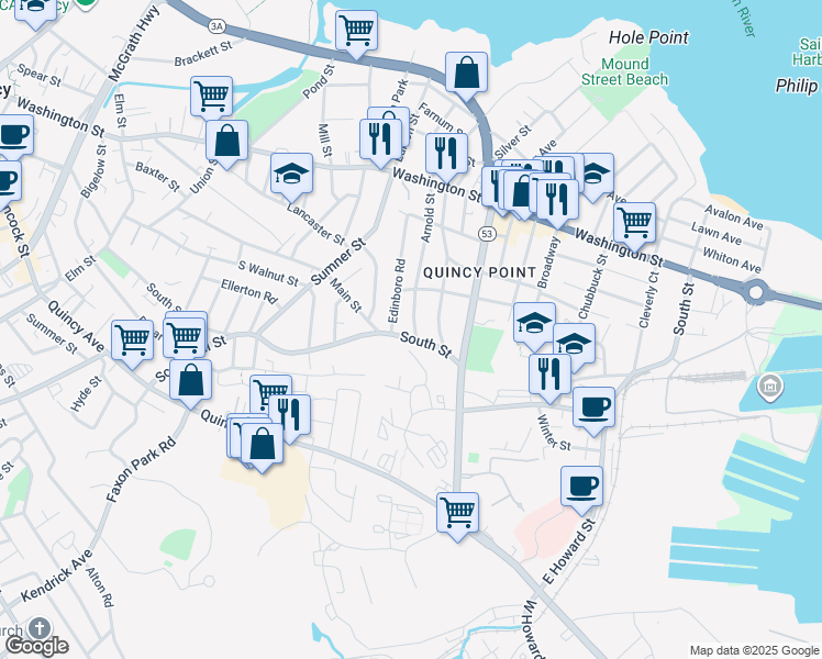 map of restaurants, bars, coffee shops, grocery stores, and more near 8 Arnold Street in Quincy