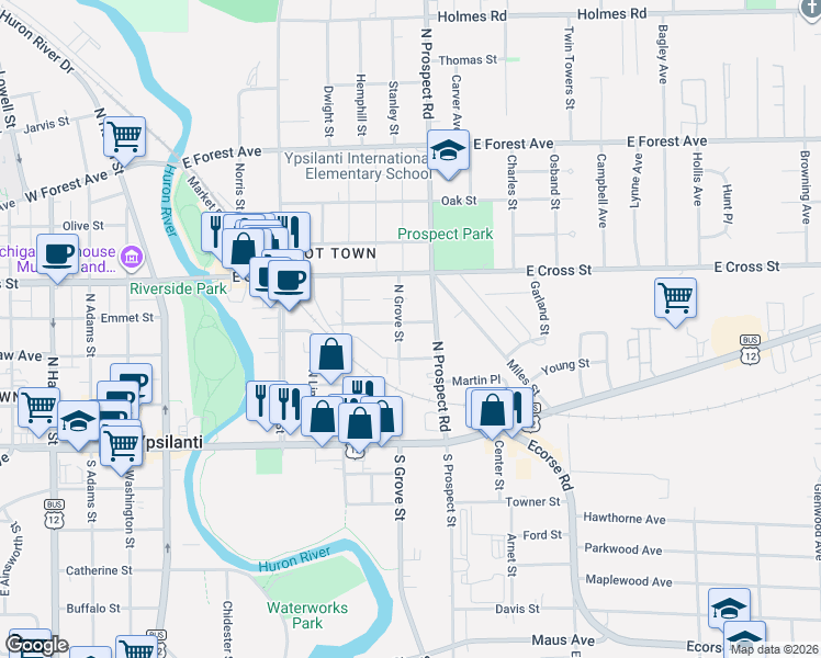 map of restaurants, bars, coffee shops, grocery stores, and more near 230 North Grove Street in Ypsilanti