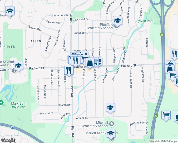 map of restaurants, bars, coffee shops, grocery stores, and more near 3162 Packard Street in Ann Arbor