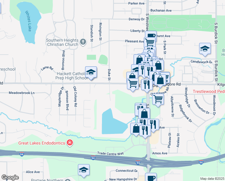 map of restaurants, bars, coffee shops, grocery stores, and more near 809 West Kilgore Road in Portage