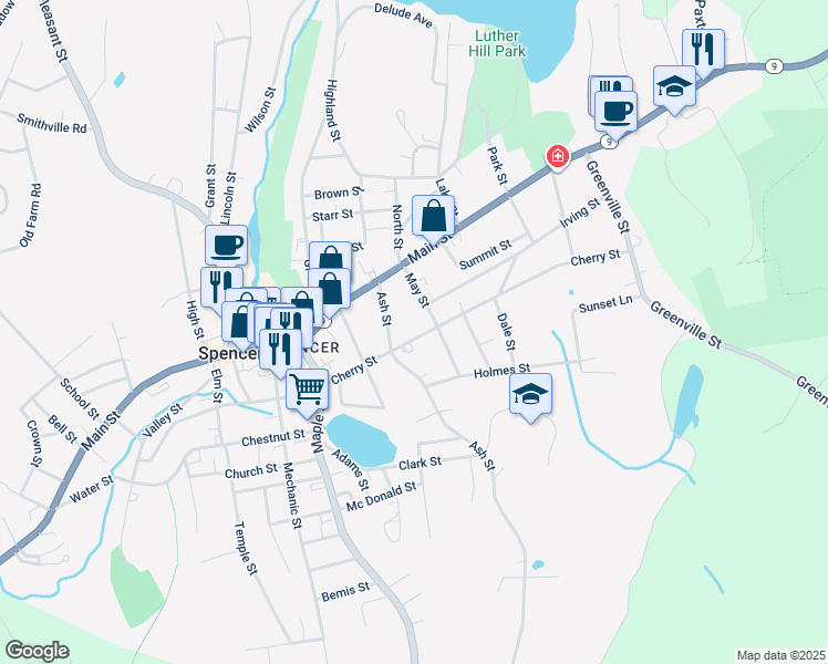map of restaurants, bars, coffee shops, grocery stores, and more near 51 Cherry Street in Spencer
