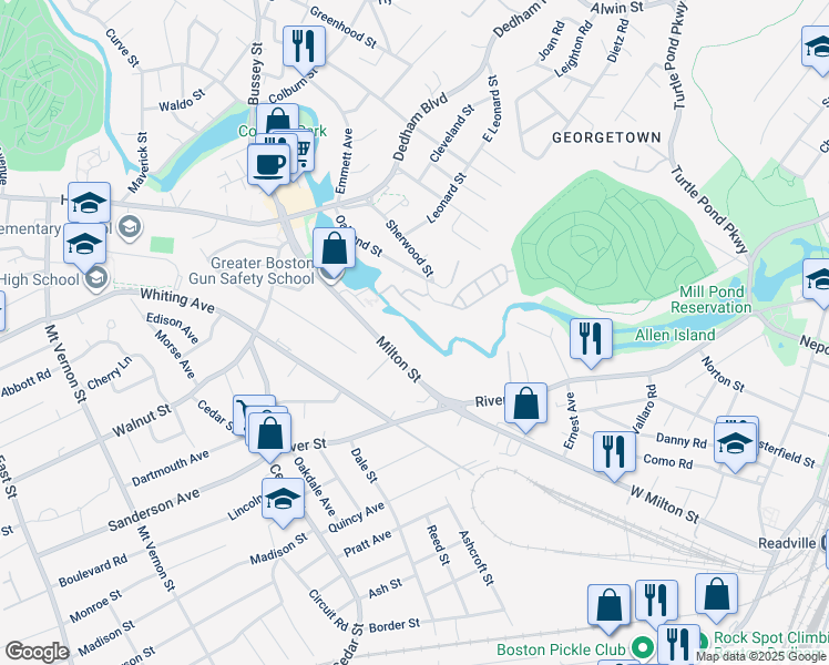 map of restaurants, bars, coffee shops, grocery stores, and more near 142 Milton Street in Dedham