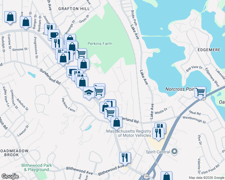 map of restaurants, bars, coffee shops, grocery stores, and more near 1 Pine Hill Road in Worcester