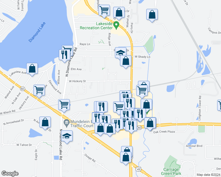 map of restaurants, bars, coffee shops, grocery stores, and more near 1426 Wesley Court in Mundelein