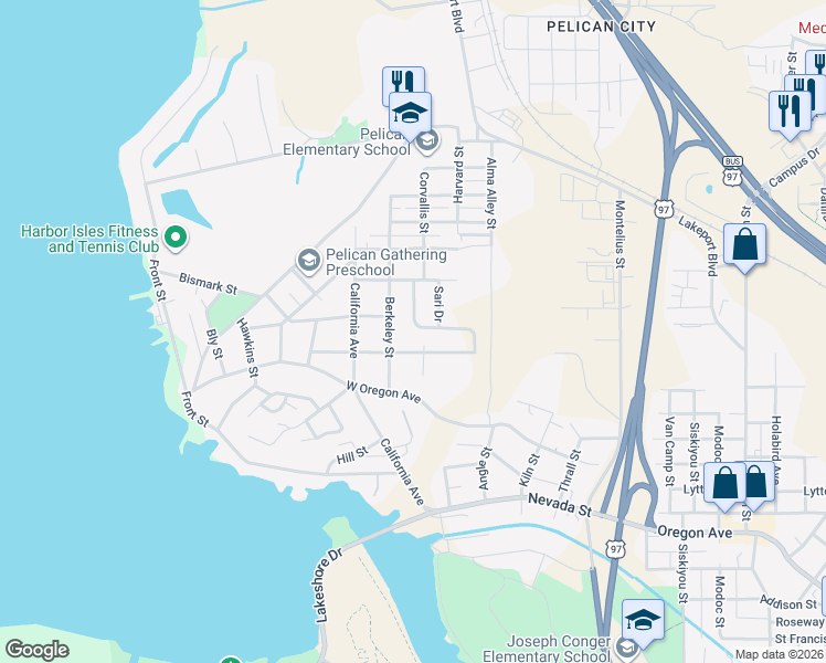 map of restaurants, bars, coffee shops, grocery stores, and more near 2516 Chantal Avenue in Klamath Falls
