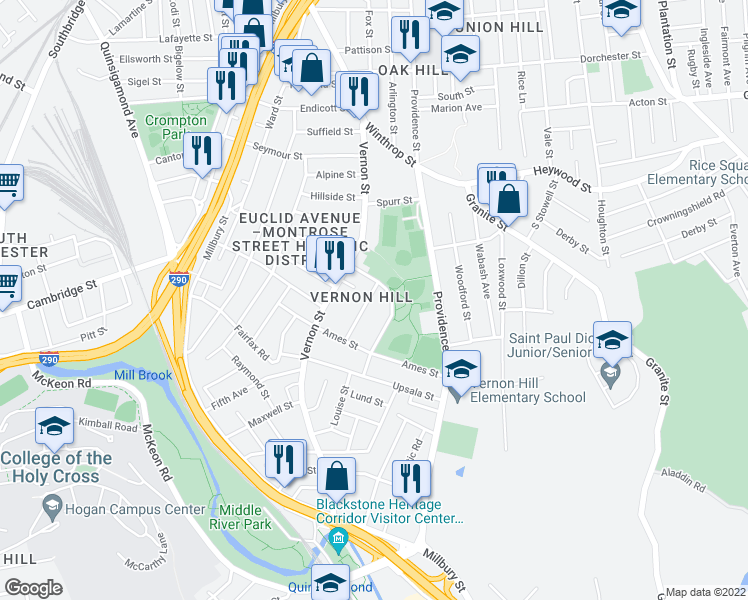 map of restaurants, bars, coffee shops, grocery stores, and more near 7 Fairbanks Street in Worcester