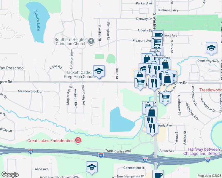 map of restaurants, bars, coffee shops, grocery stores, and more near 905 West Kilgore Road in Portage