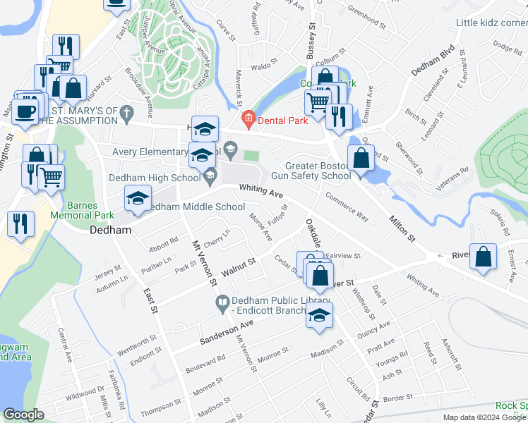 map of restaurants, bars, coffee shops, grocery stores, and more near 18 Edison Avenue in Dedham