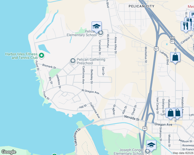 map of restaurants, bars, coffee shops, grocery stores, and more near 2516 Chantal Avenue in Klamath Falls