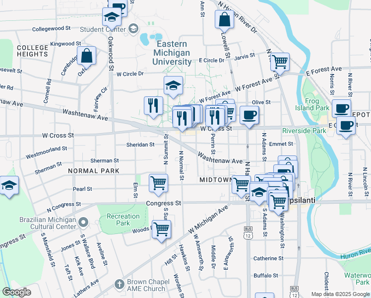 map of restaurants, bars, coffee shops, grocery stores, and more near 775 Washtenaw Avenue in Ypsilanti