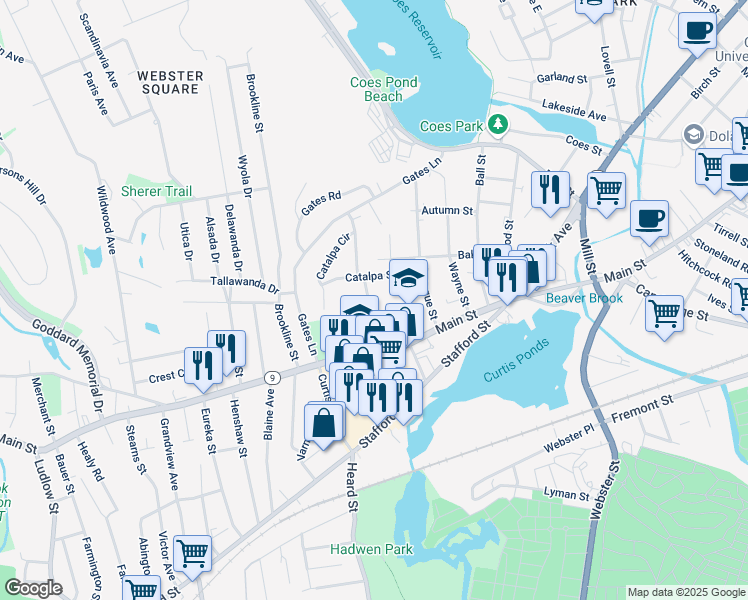 map of restaurants, bars, coffee shops, grocery stores, and more near 20 Holland Road in Worcester