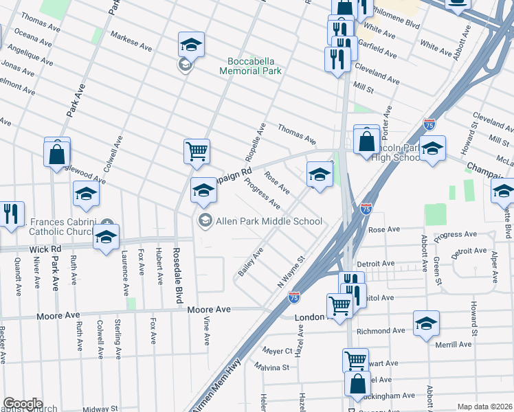 map of restaurants, bars, coffee shops, grocery stores, and more near 2316 Detroit Avenue in Lincoln Park