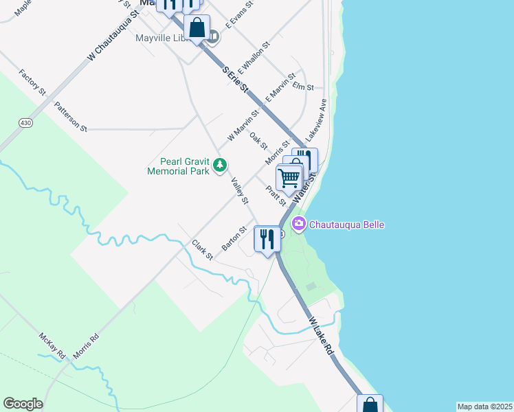 map of restaurants, bars, coffee shops, grocery stores, and more near 104 Valley St in Mayville