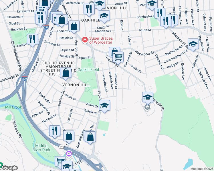 map of restaurants, bars, coffee shops, grocery stores, and more near 24 Woodford Street in Worcester
