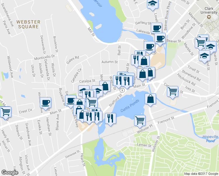 map of restaurants, bars, coffee shops, grocery stores, and more near 8 Wayne Terrace in Worcester