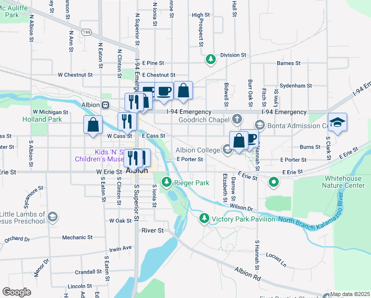 map of restaurants, bars, coffee shops, grocery stores, and more near 206 South Berrien Street in Albion
