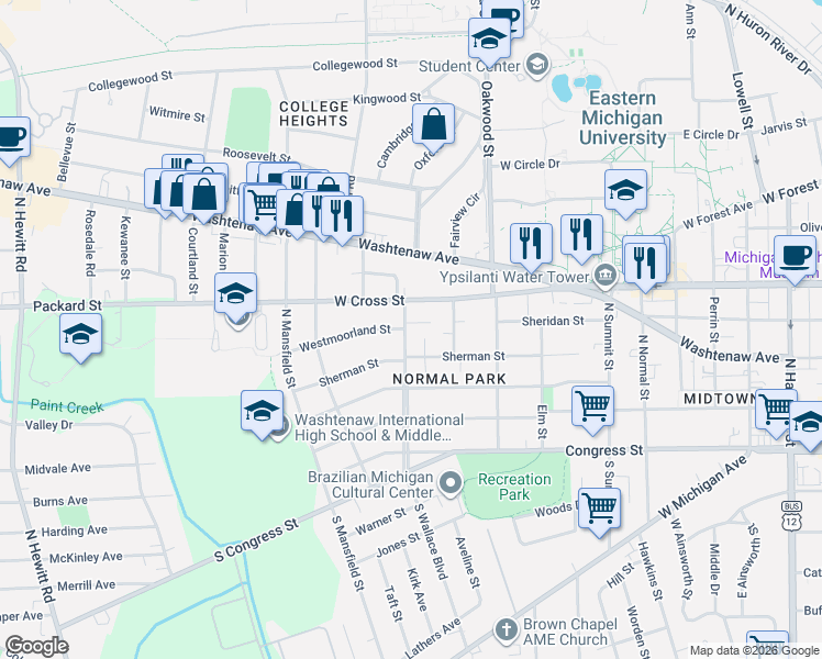map of restaurants, bars, coffee shops, grocery stores, and more near 312 North Wallace Boulevard in Ypsilanti