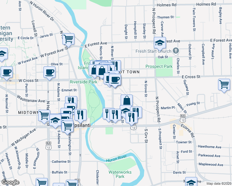 map of restaurants, bars, coffee shops, grocery stores, and more near 232 North River Street in Ypsilanti