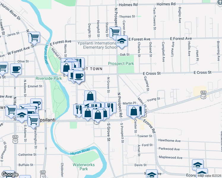 map of restaurants, bars, coffee shops, grocery stores, and more near 230 North Grove Street in Ypsilanti