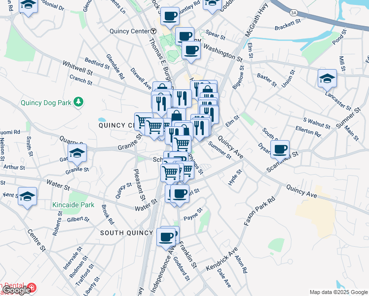 map of restaurants, bars, coffee shops, grocery stores, and more near 59 School Street in Quincy