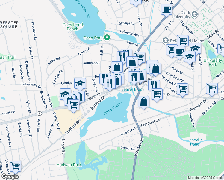 map of restaurants, bars, coffee shops, grocery stores, and more near 1145 Main Street in Worcester