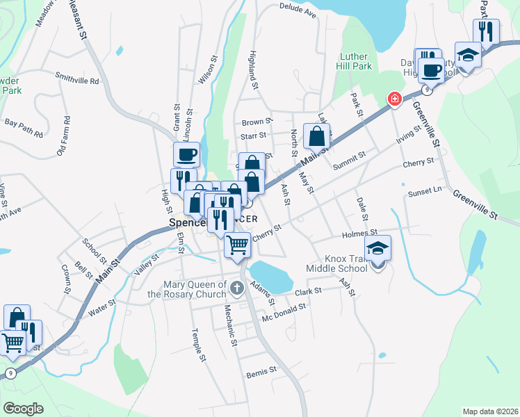 map of restaurants, bars, coffee shops, grocery stores, and more near 2 Linden Street in Spencer