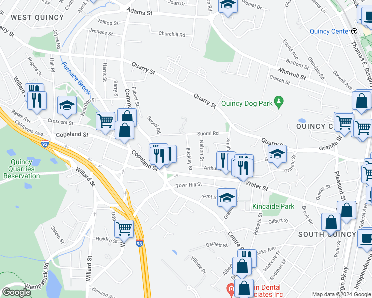 map of restaurants, bars, coffee shops, grocery stores, and more near 25 Buckley Street in Quincy