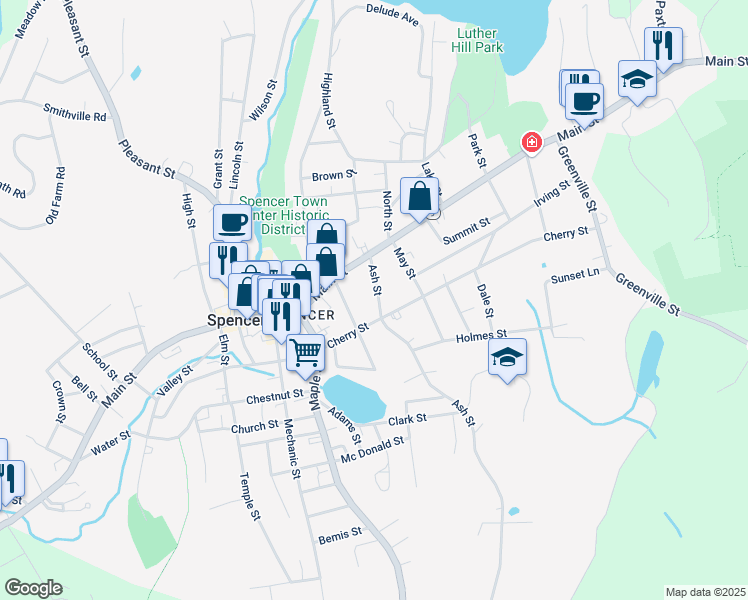 map of restaurants, bars, coffee shops, grocery stores, and more near 22 Ash Street in Spencer