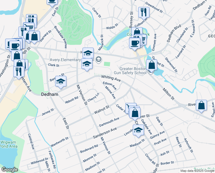 map of restaurants, bars, coffee shops, grocery stores, and more near 53 Morse Avenue in Dedham