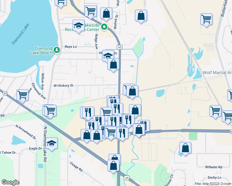 map of restaurants, bars, coffee shops, grocery stores, and more near 1545 Lakeridge Court in Mundelein