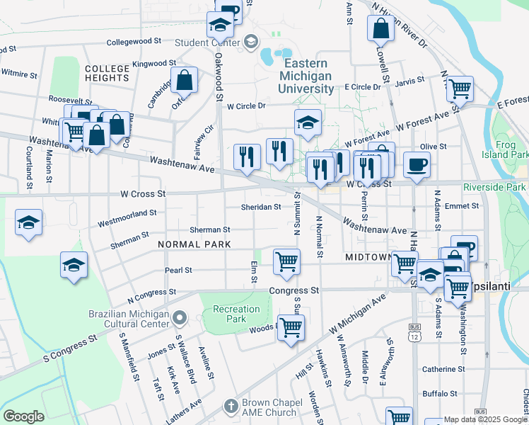 map of restaurants, bars, coffee shops, grocery stores, and more near 943 Sheridan Street in Ypsilanti