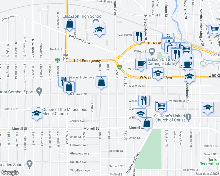 map of restaurants, bars, coffee shops, grocery stores, and more near 407 3rd Street in Jackson