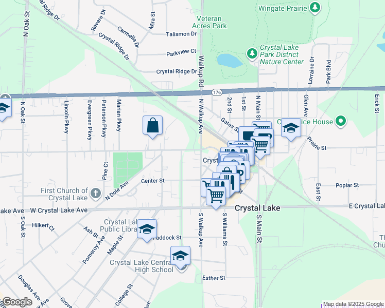 map of restaurants, bars, coffee shops, grocery stores, and more near 15 West Woodstock Street in Crystal Lake