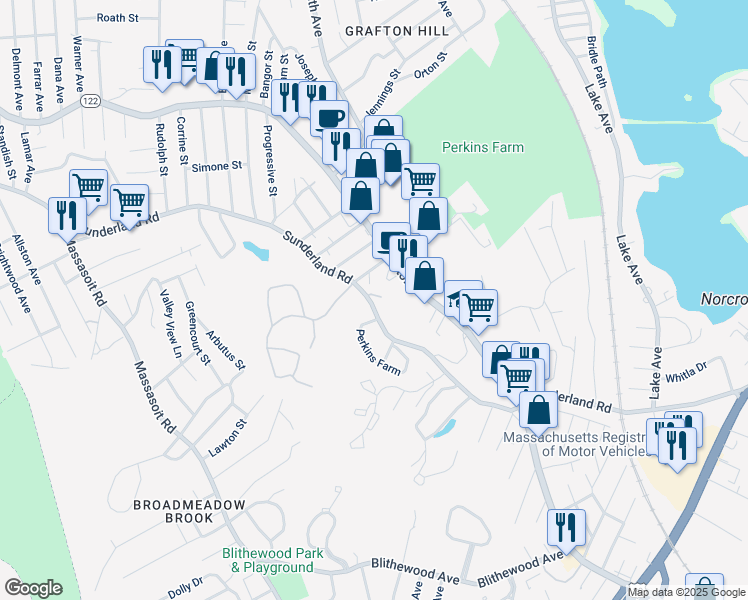 map of restaurants, bars, coffee shops, grocery stores, and more near 271 Sunderland Road in Worcester