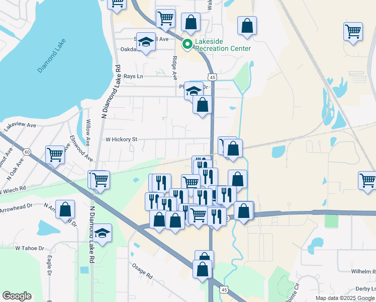 map of restaurants, bars, coffee shops, grocery stores, and more near 1446 Lakeridge Court in Mundelein