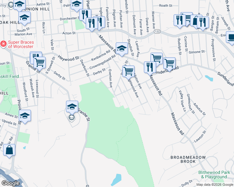 map of restaurants, bars, coffee shops, grocery stores, and more near 55 Greenfield Street in Worcester