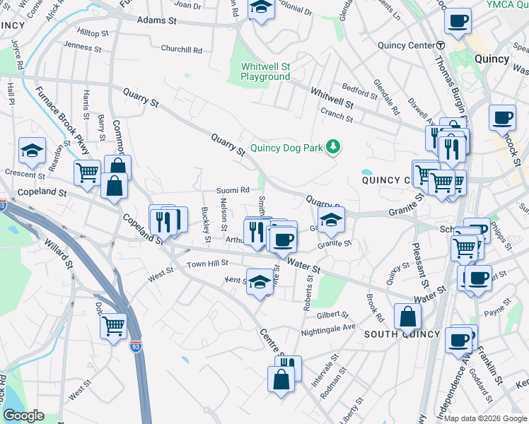 map of restaurants, bars, coffee shops, grocery stores, and more near 44 Smith Street in Quincy