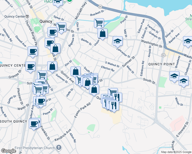 map of restaurants, bars, coffee shops, grocery stores, and more near 110 South Street in Quincy