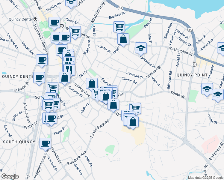 map of restaurants, bars, coffee shops, grocery stores, and more near 75 South Street in Quincy