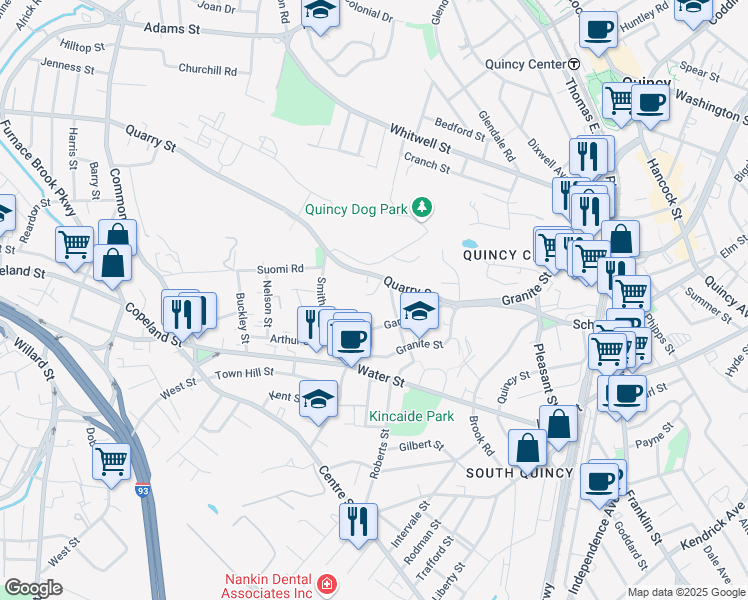 map of restaurants, bars, coffee shops, grocery stores, and more near 70 Quarry Street in Quincy