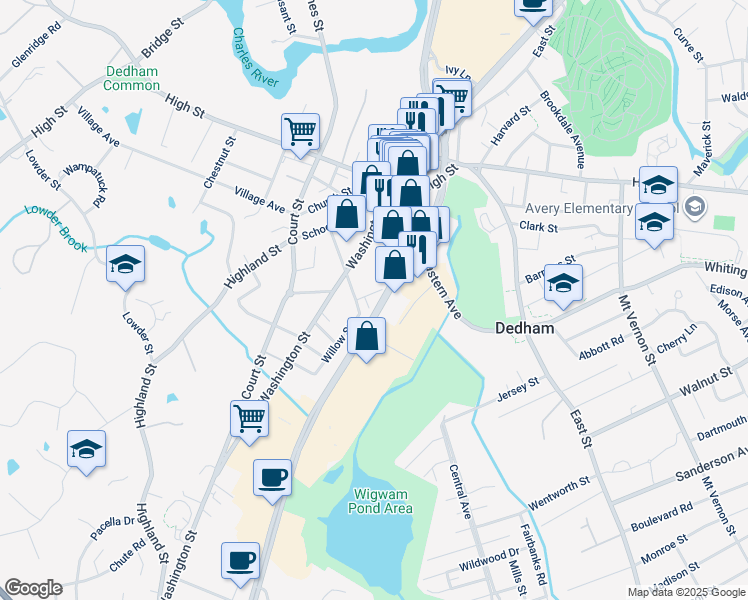 map of restaurants, bars, coffee shops, grocery stores, and more near 550 Providence Highway in Dedham