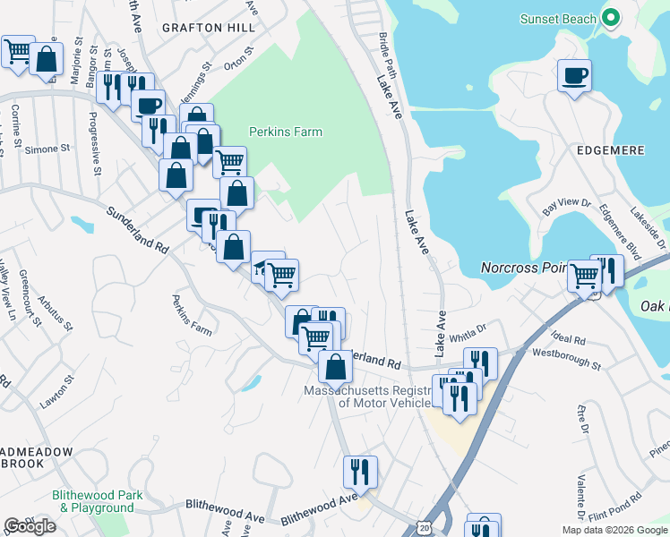map of restaurants, bars, coffee shops, grocery stores, and more near 30 Pine Hill Road in Worcester
