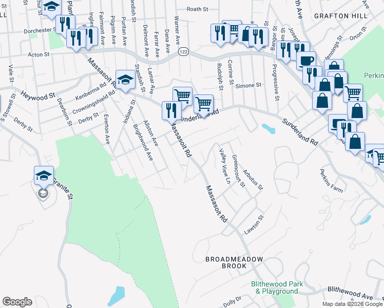 map of restaurants, bars, coffee shops, grocery stores, and more near 179 Massasoit Road in Worcester
