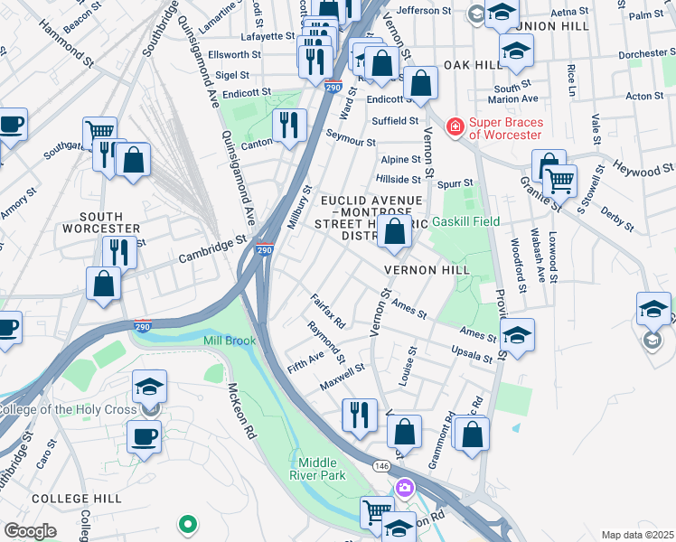 map of restaurants, bars, coffee shops, grocery stores, and more near 101 Sterling Street in Worcester