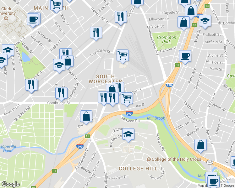map of restaurants, bars, coffee shops, grocery stores, and more near 521 Cambridge Street in Worcester